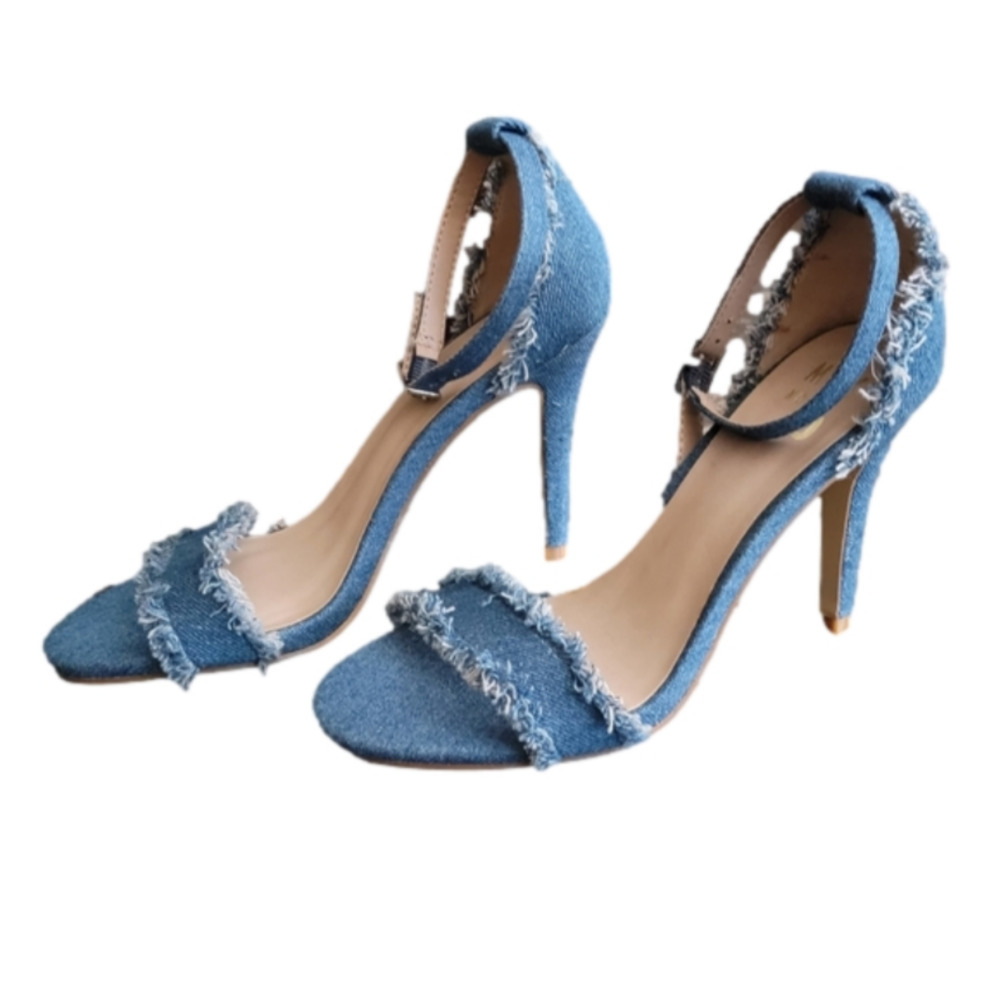 Mix No 6 Distressed Denim Peep Toe Stilleto Sandals Size 6.5 - Picture 3 of 10